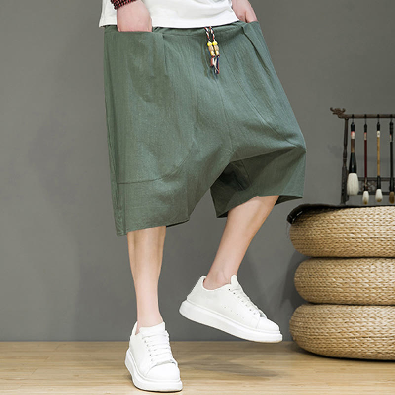 Nimara Ritual Casual Drawstring Cotton Linen Men's Capri Harem Pants With Pockets