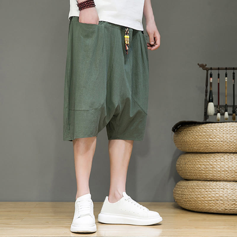 Nimara Ritual Casual Drawstring Cotton Linen Men's Capri Harem Pants With Pockets