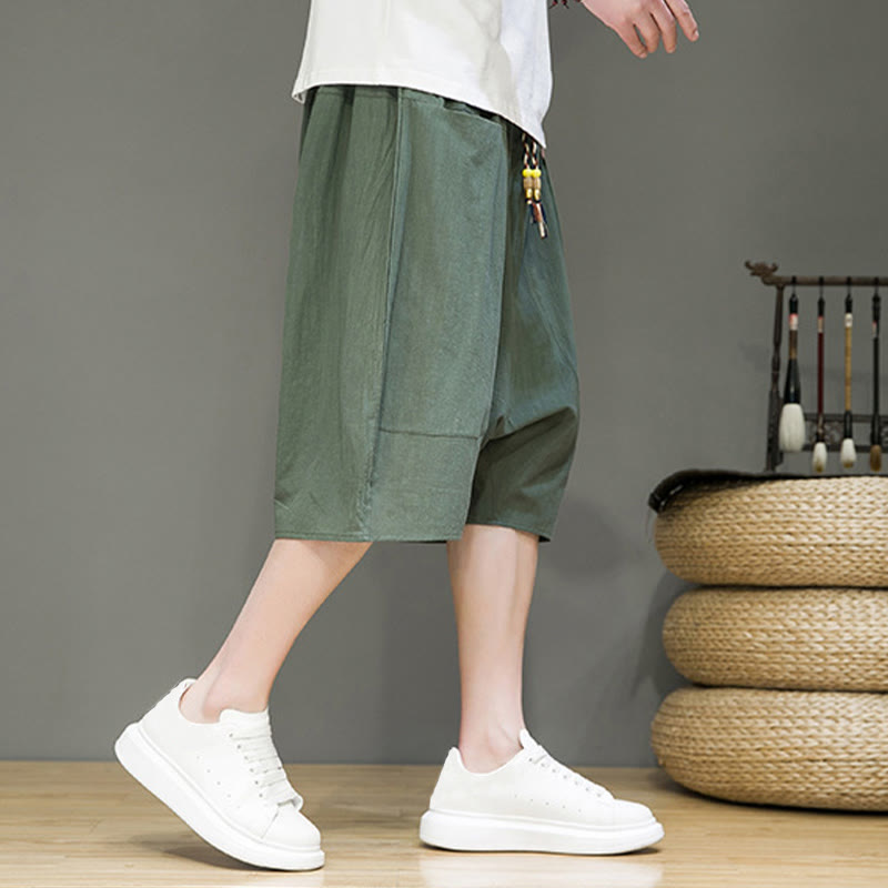 Nimara Ritual Casual Drawstring Cotton Linen Men's Capri Harem Pants With Pockets