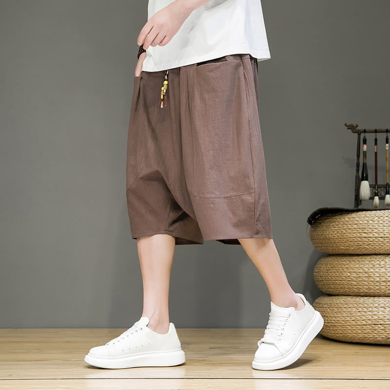 Nimara Ritual Casual Drawstring Cotton Linen Men's Capri Harem Pants With Pockets