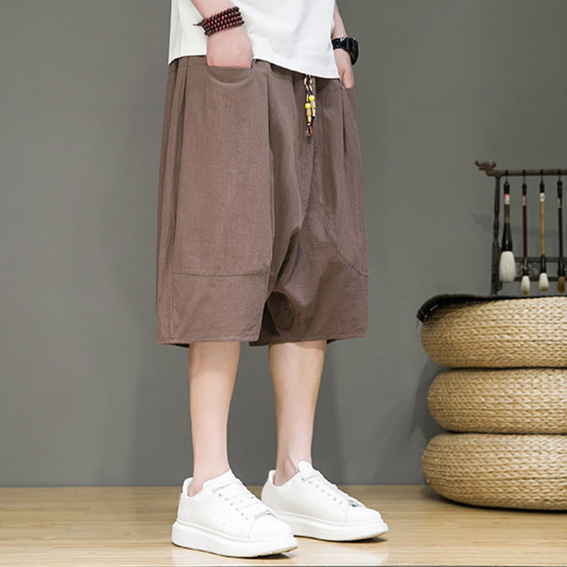 Nimara Ritual Casual Drawstring Cotton Linen Men's Capri Harem Pants With Pockets