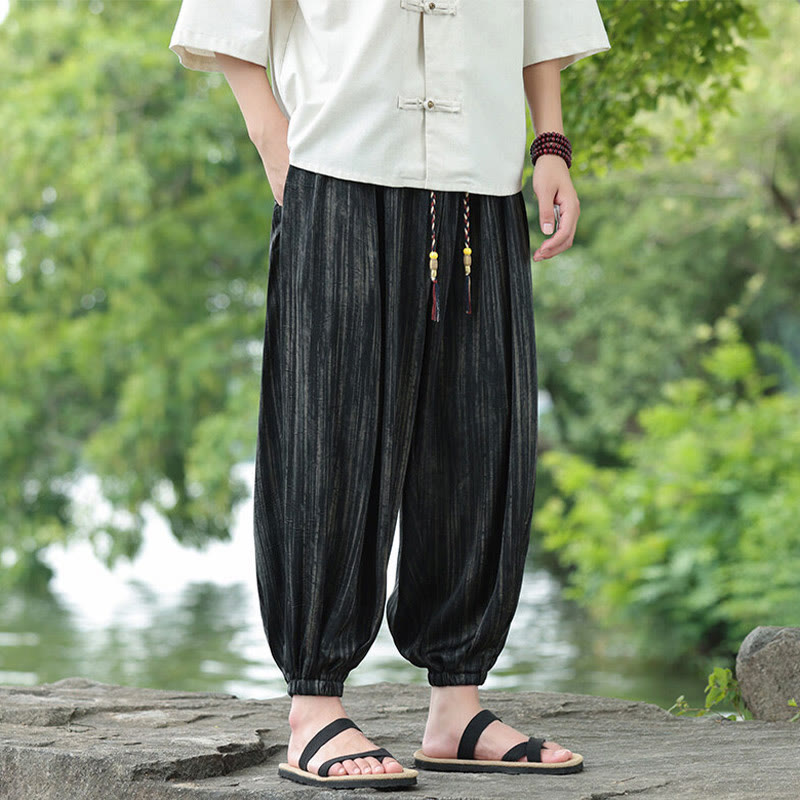 Nimara Ritual Summer Black Stripes Drawstring Men's Harem Pants With Pockets