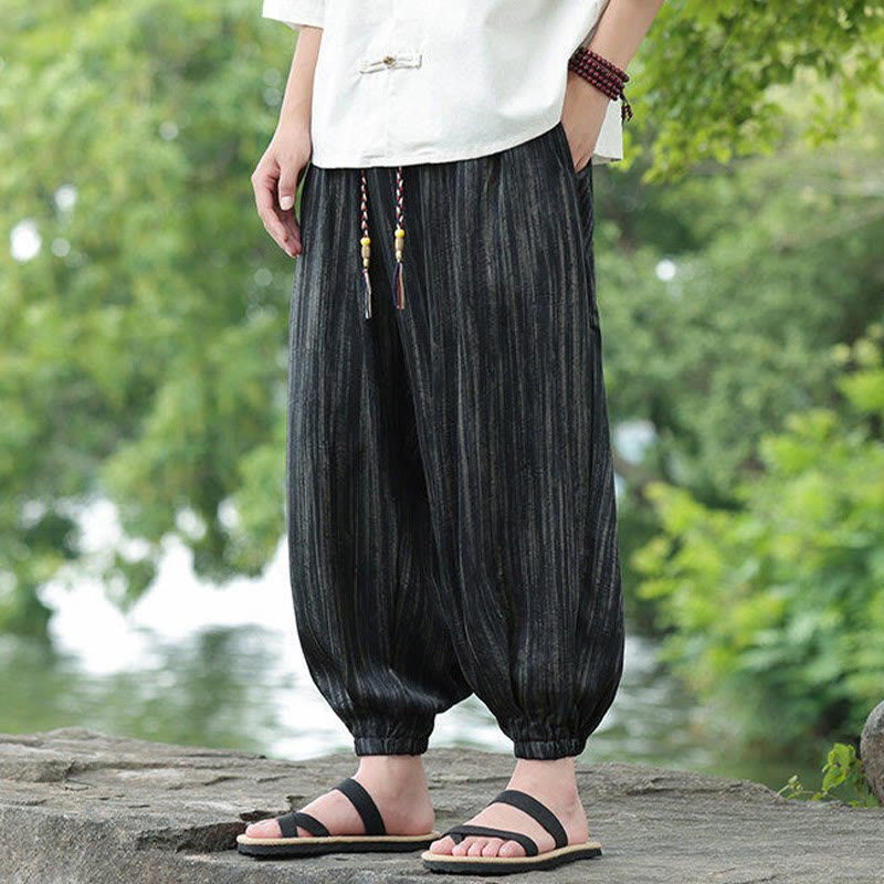 Nimara Ritual Summer Black Stripes Drawstring Men's Harem Pants With Pockets