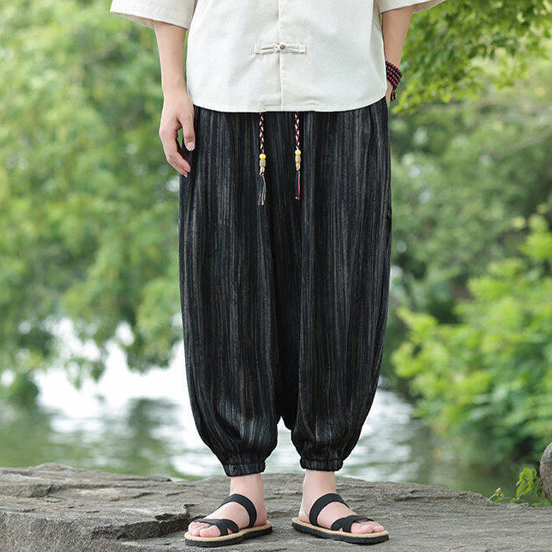 Nimara Ritual Summer Black Stripes Drawstring Men's Harem Pants With Pockets