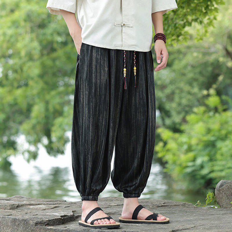 Nimara Ritual Summer Black Stripes Drawstring Men's Harem Pants With Pockets