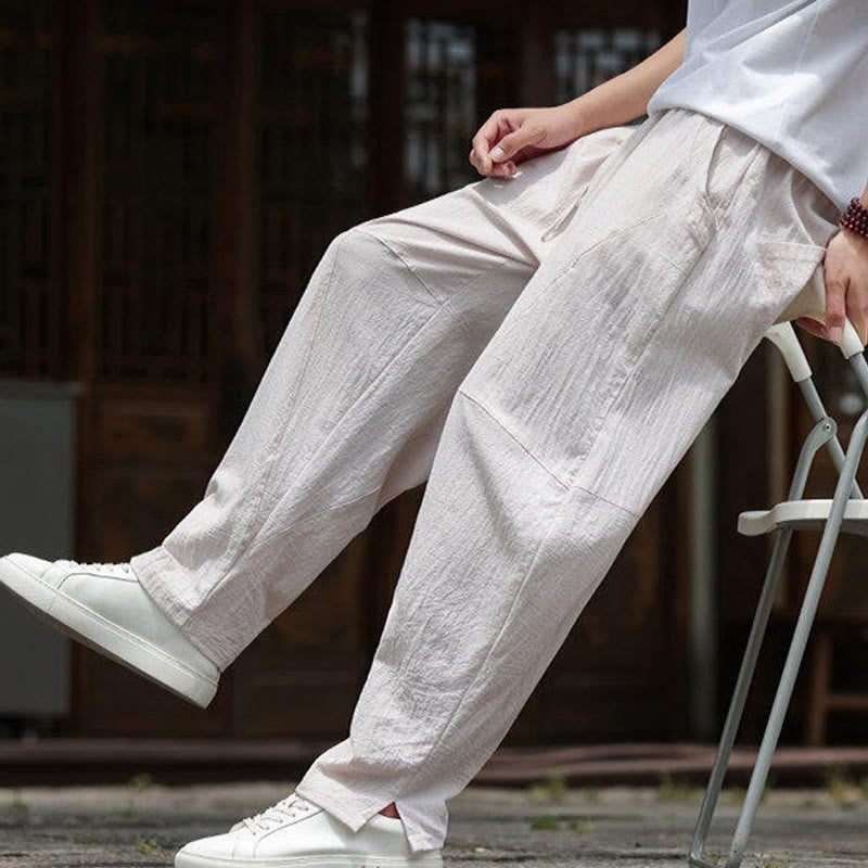 Nimara Ritual Solid Drawstring Men's Elastic Waistband Cotton Linen Pants With Pockets