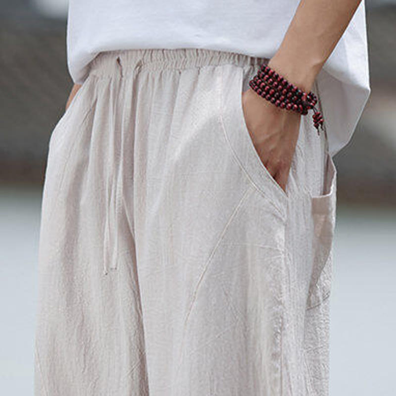 Nimara Ritual Solid Drawstring Men's Elastic Waistband Cotton Linen Pants With Pockets