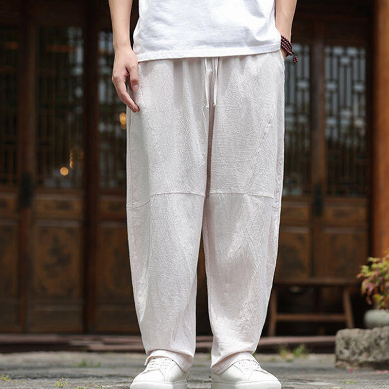 Nimara Ritual Solid Drawstring Men's Elastic Waistband Cotton Linen Pants With Pockets