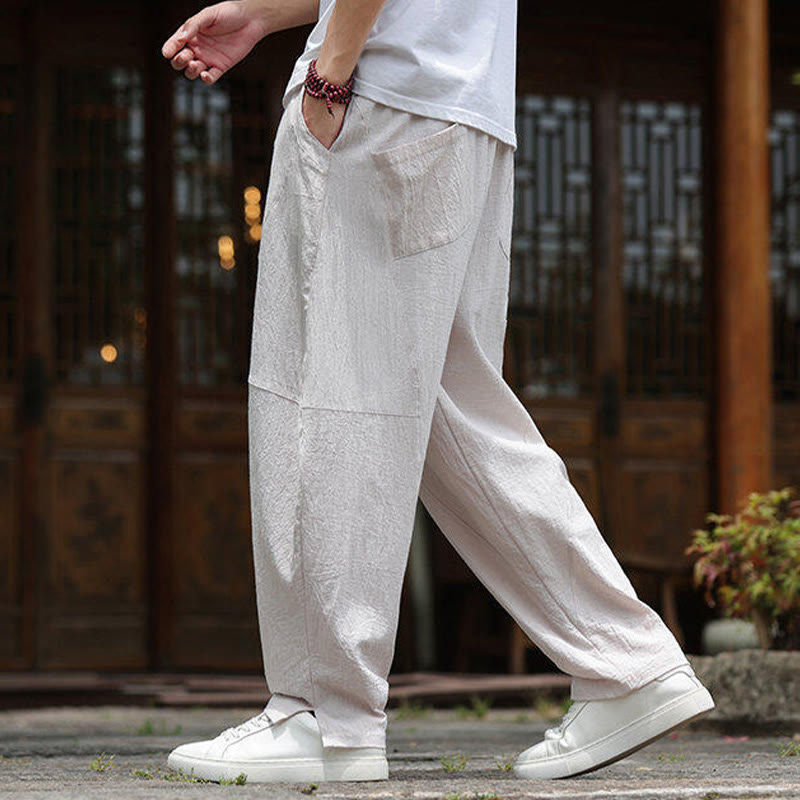 Nimara Ritual Solid Drawstring Men's Elastic Waistband Cotton Linen Pants With Pockets