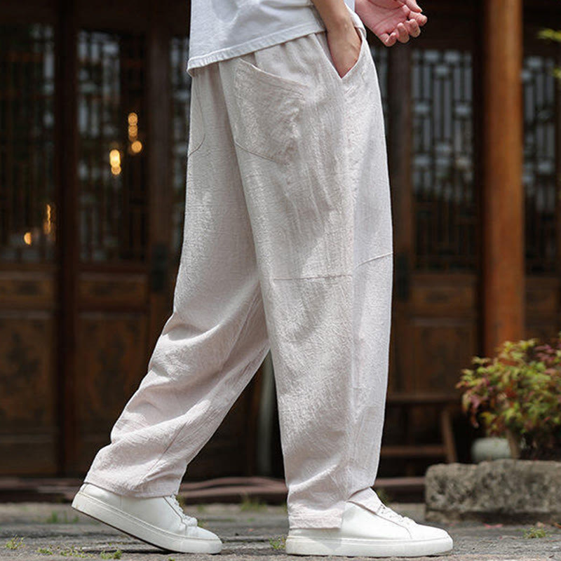 Nimara Ritual Solid Drawstring Men's Elastic Waistband Cotton Linen Pants With Pockets
