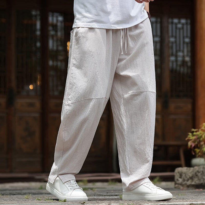 Nimara Ritual Solid Drawstring Men's Elastic Waistband Cotton Linen Pants With Pockets