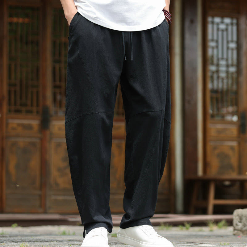 Nimara Ritual Solid Drawstring Men's Elastic Waistband Cotton Linen Pants With Pockets