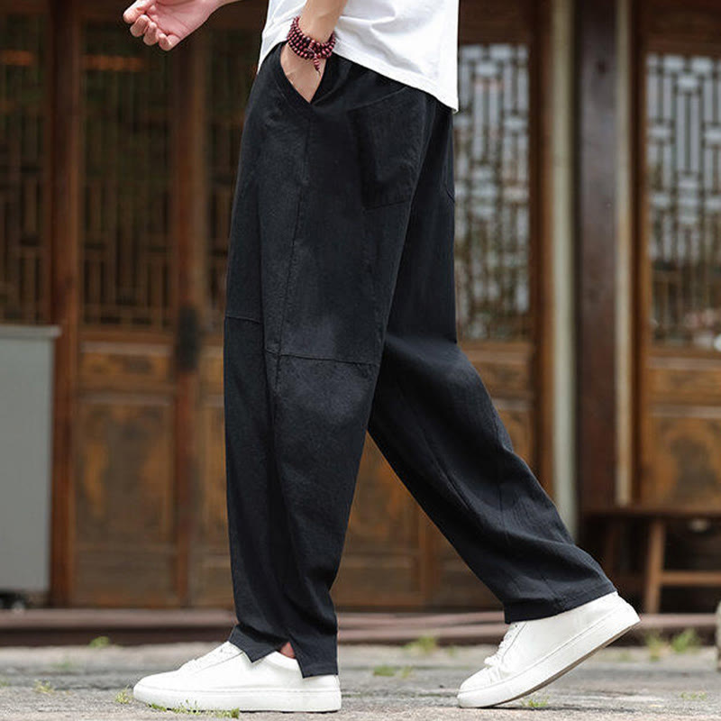 Nimara Ritual Solid Drawstring Men's Elastic Waistband Cotton Linen Pants With Pockets