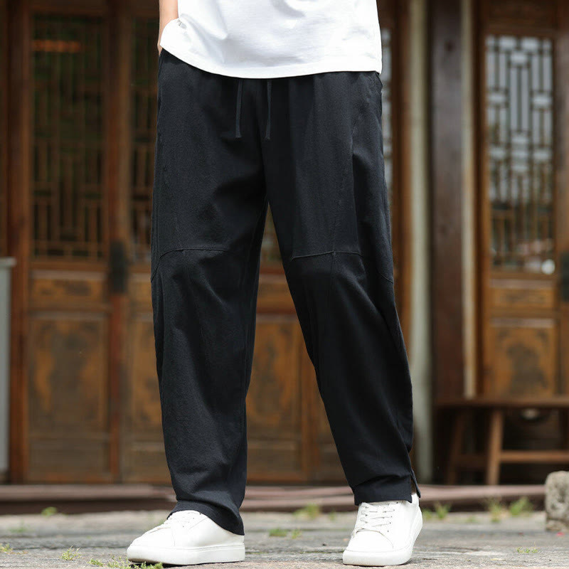 Nimara Ritual Solid Drawstring Men's Elastic Waistband Cotton Linen Pants With Pockets