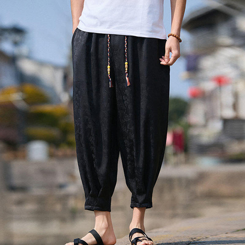 Nimara Ritual Summer Character Embroidery Design Drawstring Men's 7-8 Length Pants With Pockets