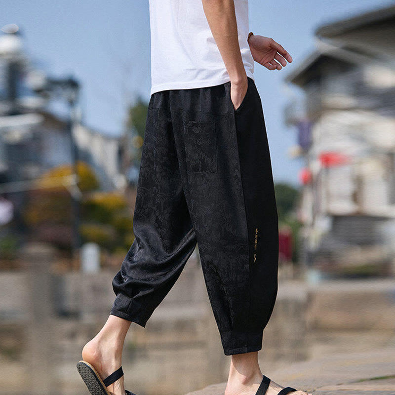 Nimara Ritual Summer Character Embroidery Design Drawstring Men's 7-8 Length Pants With Pockets