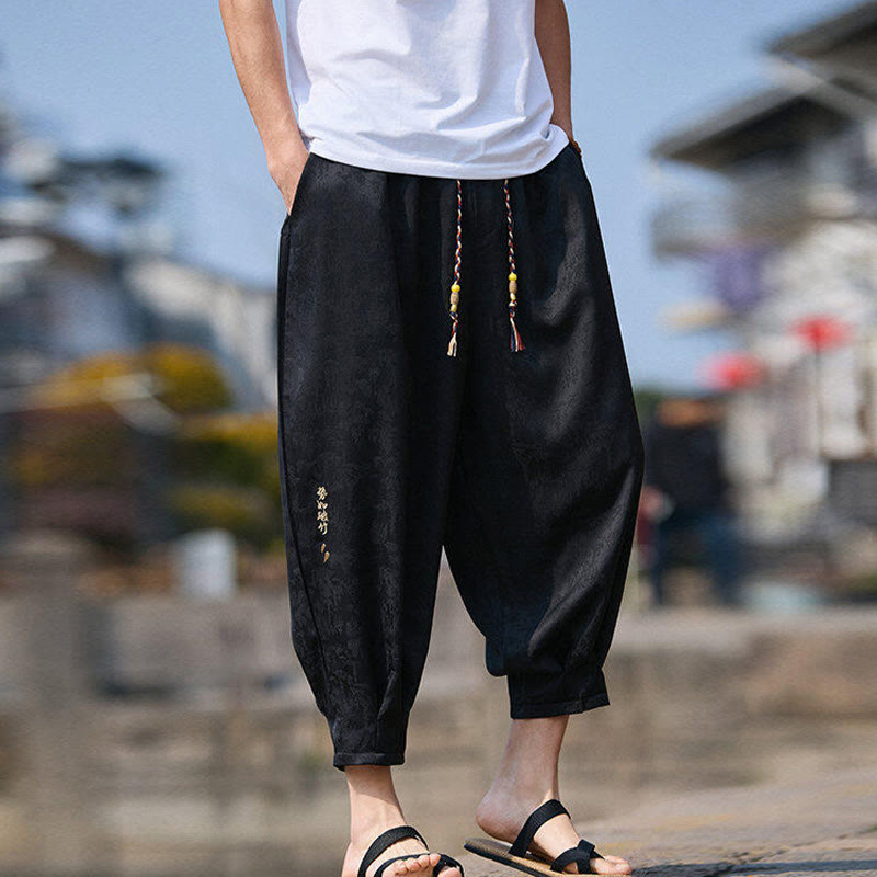 Nimara Ritual Summer Character Embroidery Design Drawstring Men's 7-8 Length Pants With Pockets