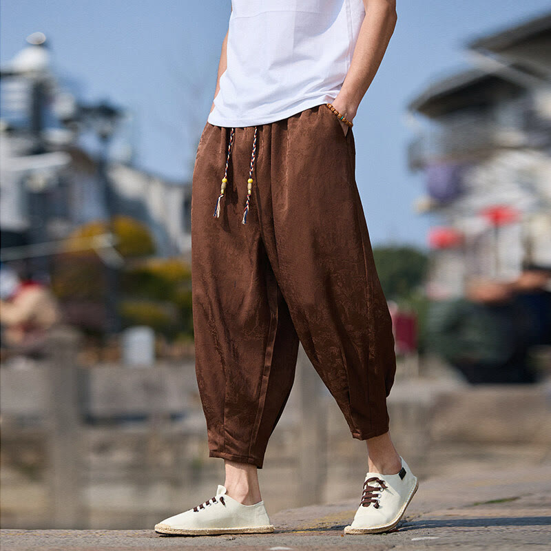 Nimara Ritual Summer Character Embroidery Design Drawstring Men's 7-8 Length Pants With Pockets