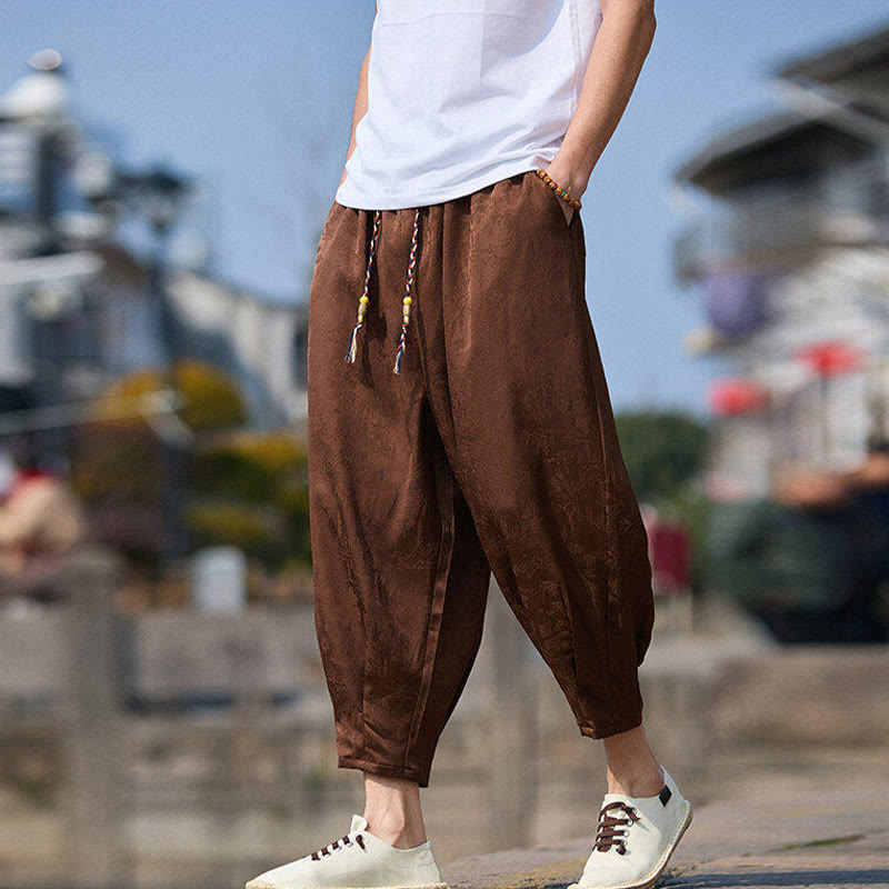 Nimara Ritual Summer Character Embroidery Design Drawstring Men's 7-8 Length Pants With Pockets