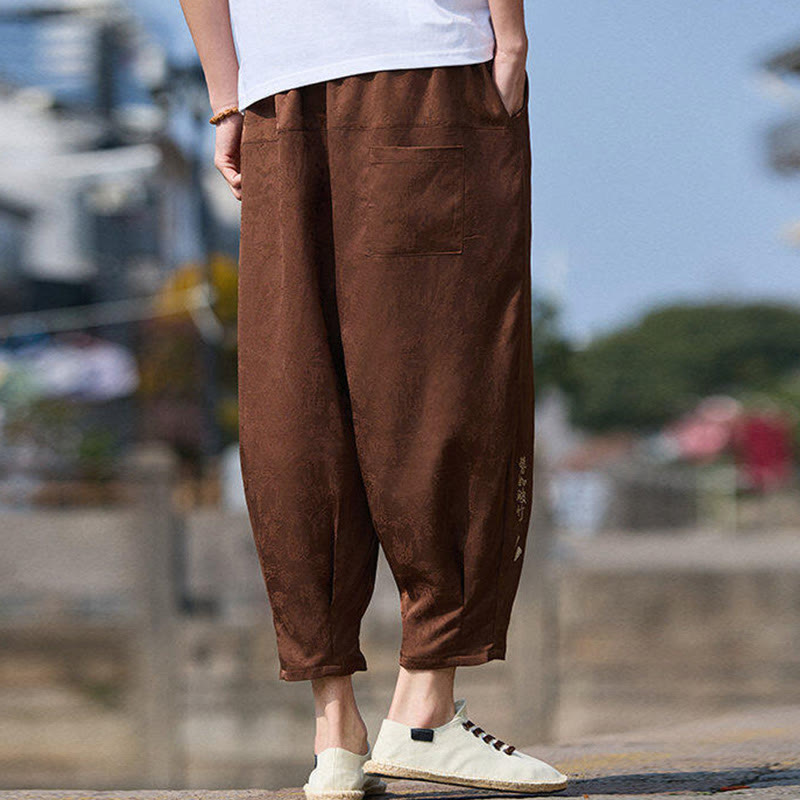 Nimara Ritual Summer Character Embroidery Design Drawstring Men's 7-8 Length Pants With Pockets