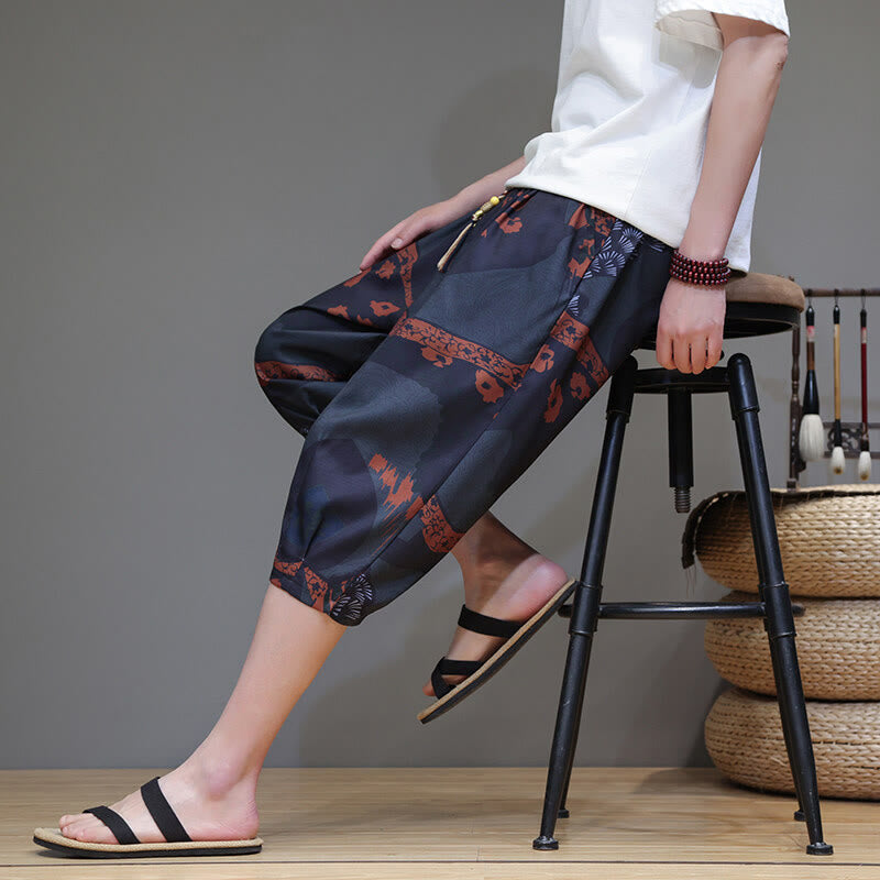 Nimara Ritual Summer Bamboo Leaves Flowers Cotton Linen Men's Capri Pants With Pockets