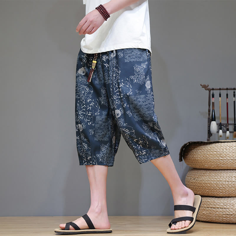 Nimara Ritual Summer Bamboo Leaves Flowers Cotton Linen Men's Capri Pants With Pockets