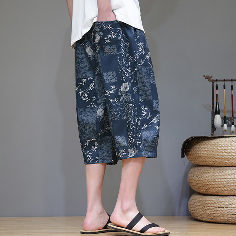Nimara Ritual Summer Bamboo Leaves Flowers Cotton Linen Men's Capri Pants With Pockets
