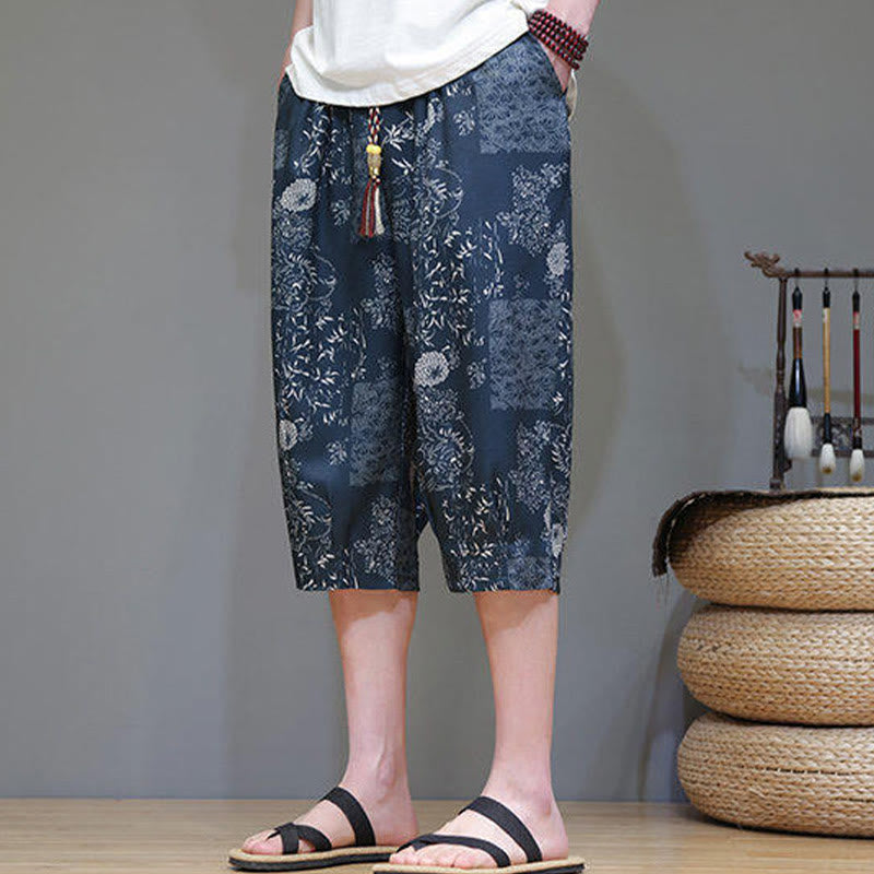 Nimara Ritual Summer Bamboo Leaves Flowers Cotton Linen Men's Capri Pants With Pockets