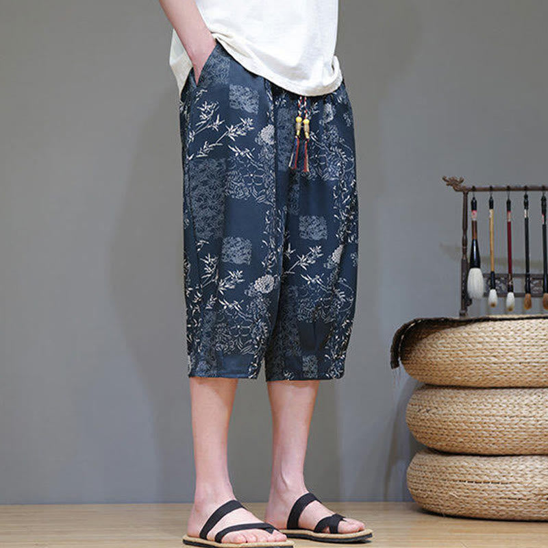 Nimara Ritual Summer Bamboo Leaves Flowers Cotton Linen Men's Capri Pants With Pockets