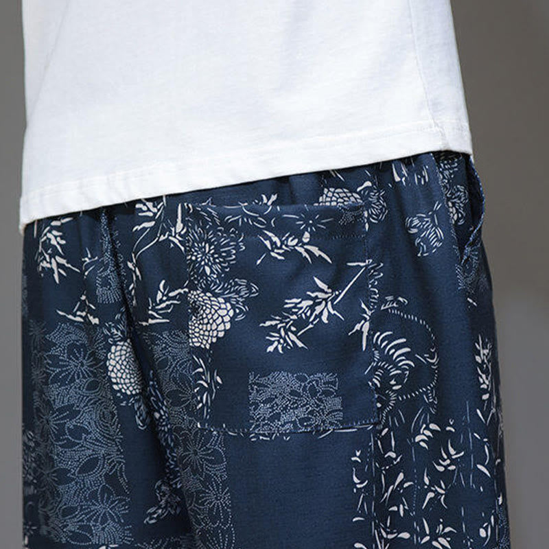 Nimara Ritual Summer Bamboo Leaves Flowers Cotton Linen Men's Capri Pants With Pockets