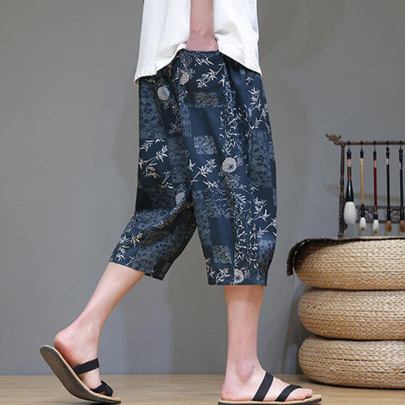 Nimara Ritual Summer Bamboo Leaves Flowers Cotton Linen Men's Capri Pants With Pockets