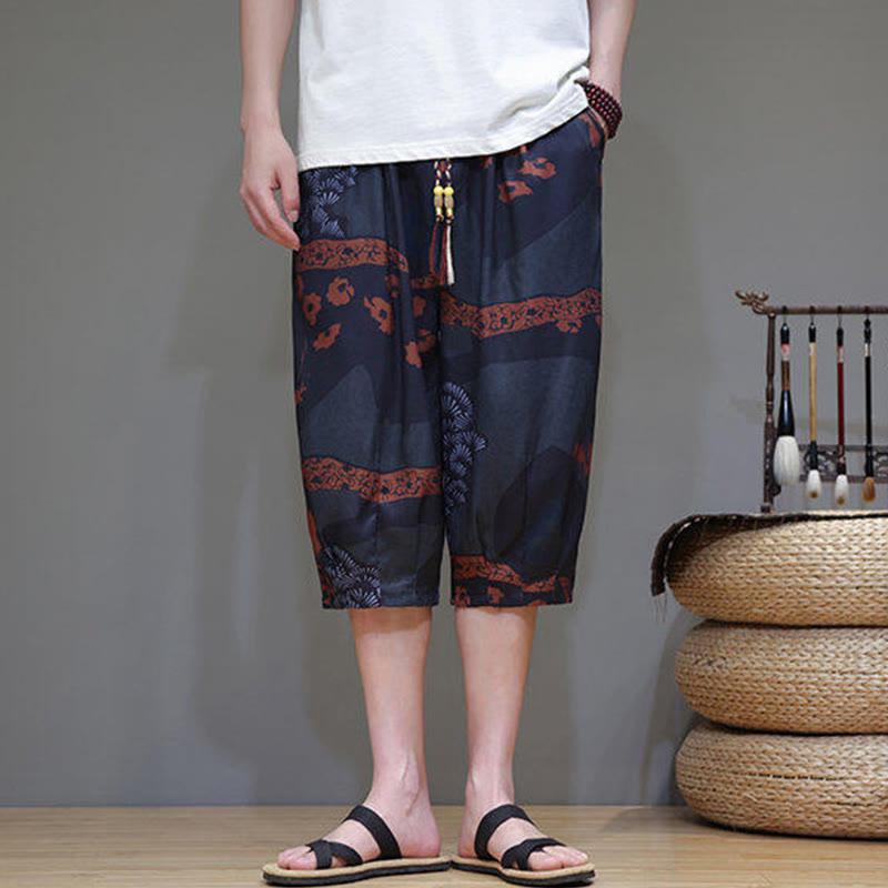 Nimara Ritual Summer Bamboo Leaves Flowers Cotton Linen Men's Capri Pants With Pockets