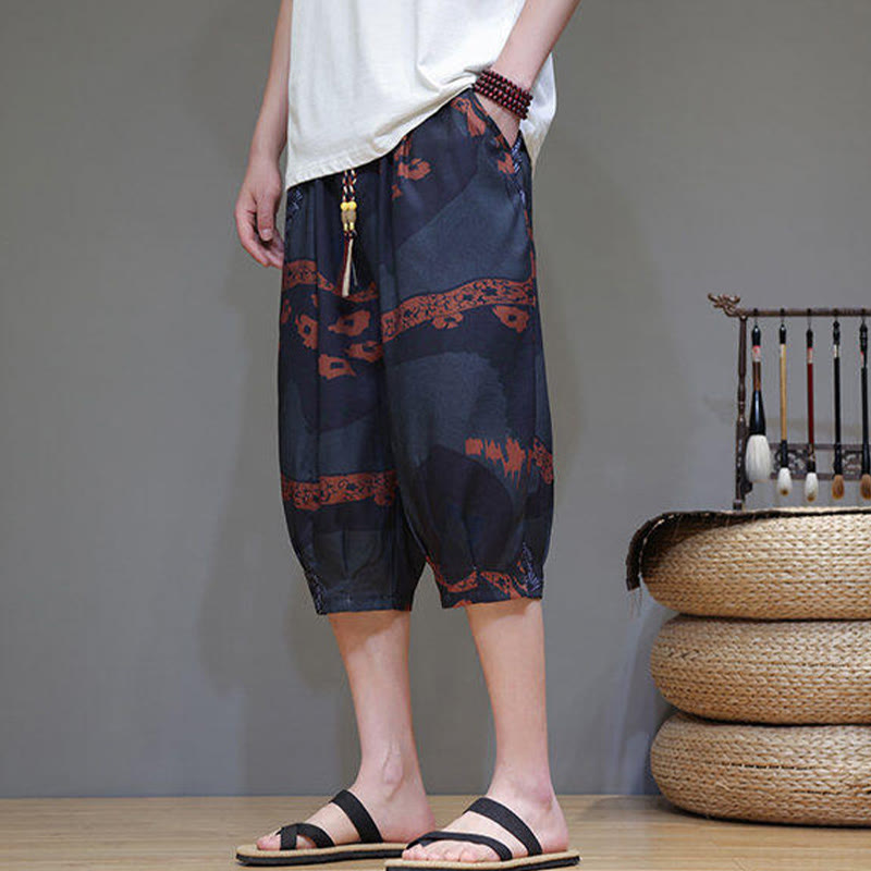 Nimara Ritual Summer Bamboo Leaves Flowers Cotton Linen Men's Capri Pants With Pockets