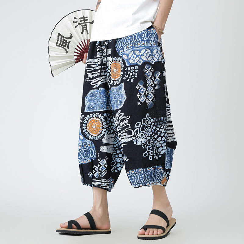 Nimara Ritual Summer Square Patchwork Elephant Mandala Geometry Cotton Linen Men's 7-8 Length Pants With Pockets