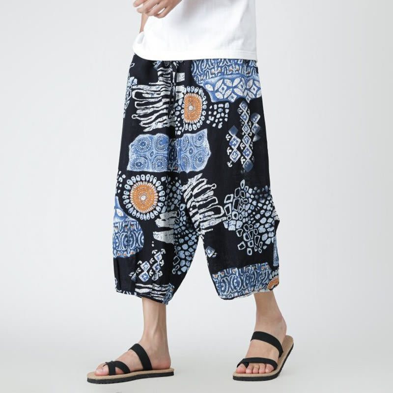 Nimara Ritual Summer Square Patchwork Elephant Mandala Geometry Cotton Linen Men's 7-8 Length Pants With Pockets