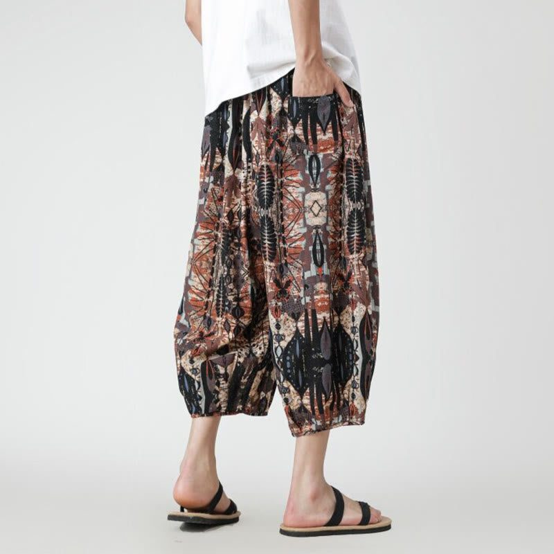 Nimara Ritual Summer Square Patchwork Elephant Mandala Geometry Cotton Linen Men's 7-8 Length Pants With Pockets