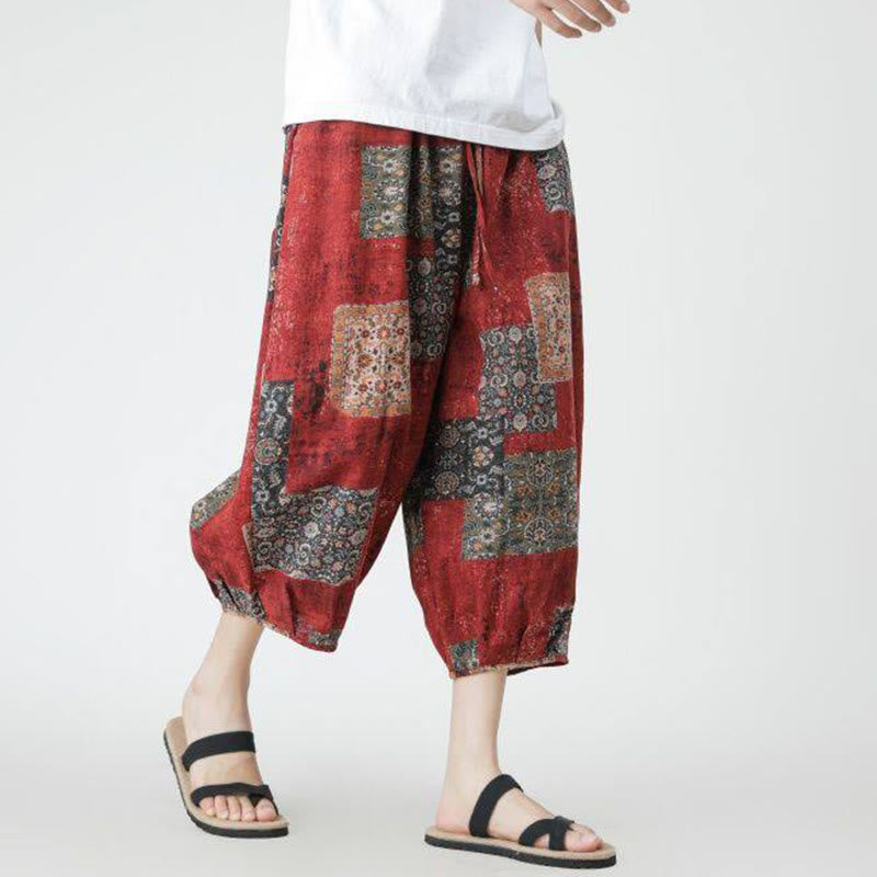 Nimara Ritual Summer Square Patchwork Elephant Mandala Geometry Cotton Linen Men's 7-8 Length Pants With Pockets