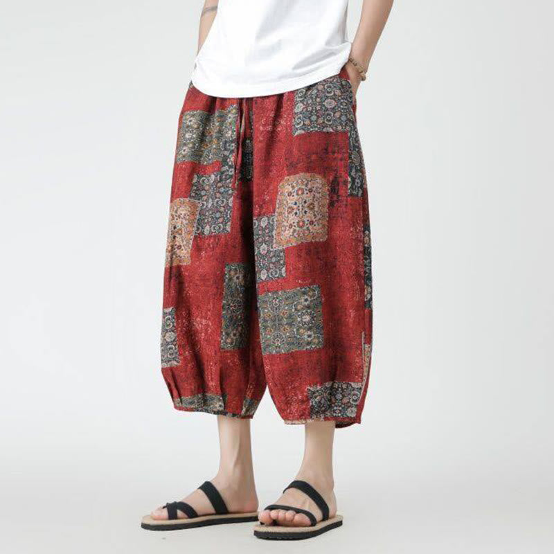 Nimara Ritual Summer Square Patchwork Elephant Mandala Geometry Cotton Linen Men's 7-8 Length Pants With Pockets