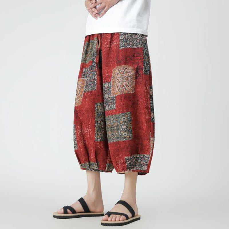 Nimara Ritual Summer Square Patchwork Elephant Mandala Geometry Cotton Linen Men's 7-8 Length Pants With Pockets