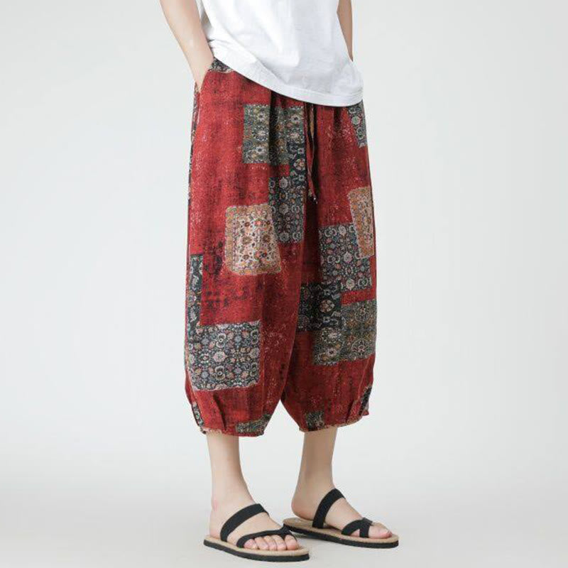 Nimara Ritual Summer Square Patchwork Elephant Mandala Geometry Cotton Linen Men's 7-8 Length Pants With Pockets