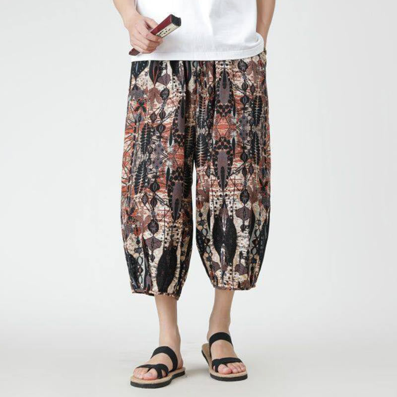 Nimara Ritual Summer Square Patchwork Elephant Mandala Geometry Cotton Linen Men's 7-8 Length Pants With Pockets