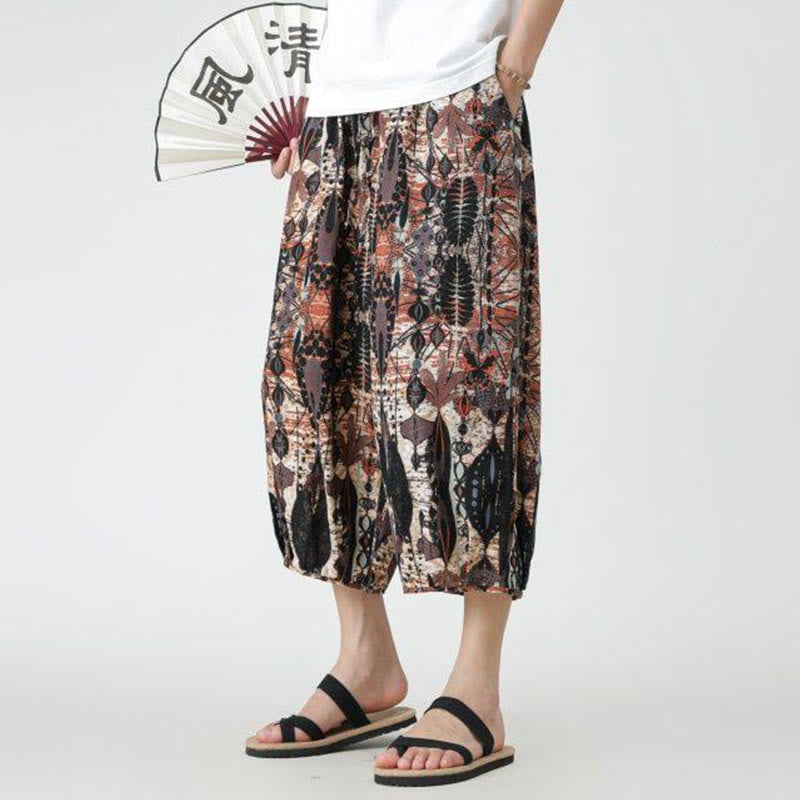 Nimara Ritual Summer Square Patchwork Elephant Mandala Geometry Cotton Linen Men's 7-8 Length Pants With Pockets