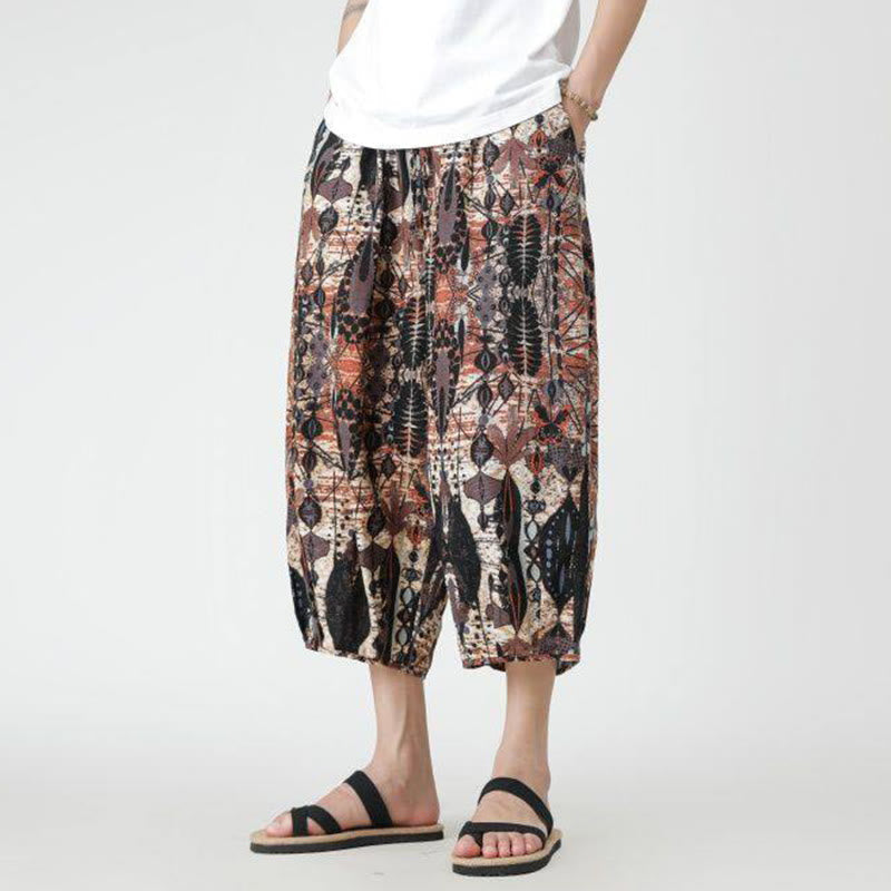 Nimara Ritual Summer Square Patchwork Elephant Mandala Geometry Cotton Linen Men's 7-8 Length Pants With Pockets