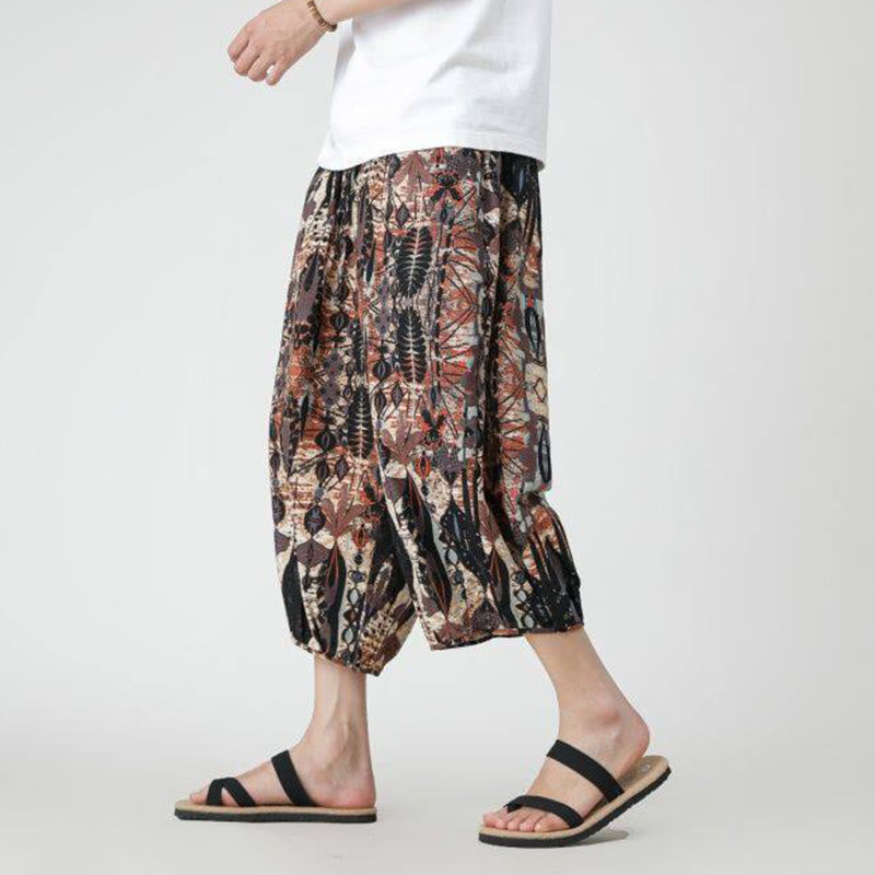 Nimara Ritual Summer Square Patchwork Elephant Mandala Geometry Cotton Linen Men's 7-8 Length Pants With Pockets