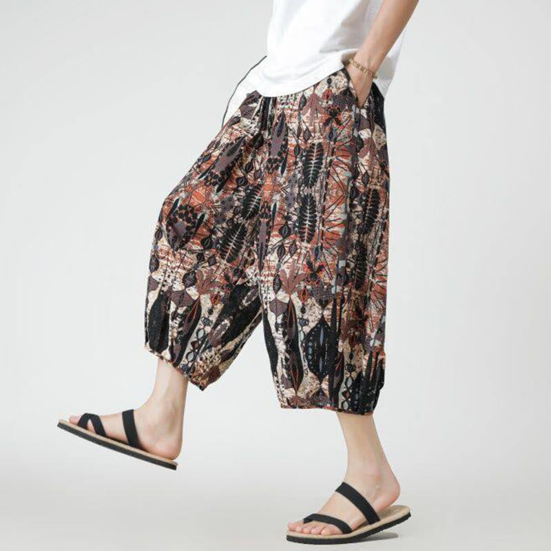 Nimara Ritual Summer Square Patchwork Elephant Mandala Geometry Cotton Linen Men's 7-8 Length Pants With Pockets