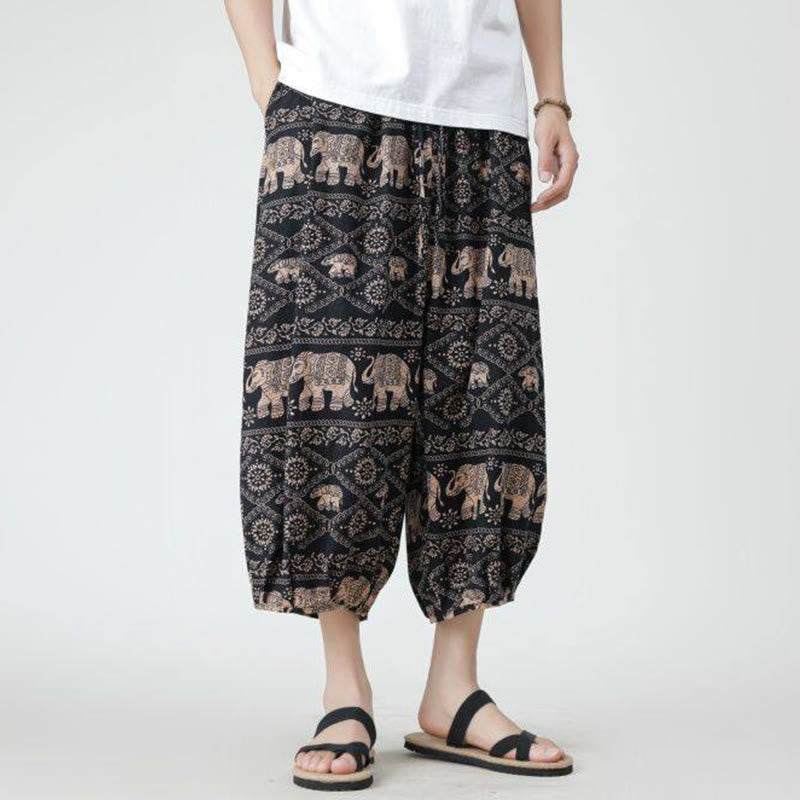 Nimara Ritual Summer Square Patchwork Elephant Mandala Geometry Cotton Linen Men's 7-8 Length Pants With Pockets