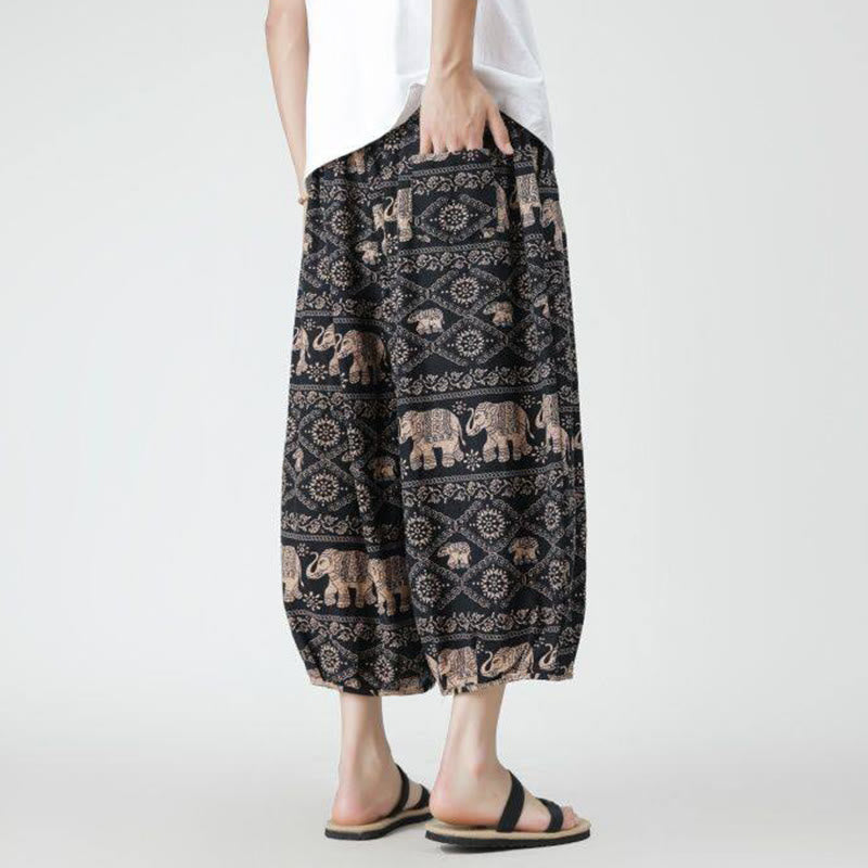 Nimara Ritual Summer Square Patchwork Elephant Mandala Geometry Cotton Linen Men's 7-8 Length Pants With Pockets
