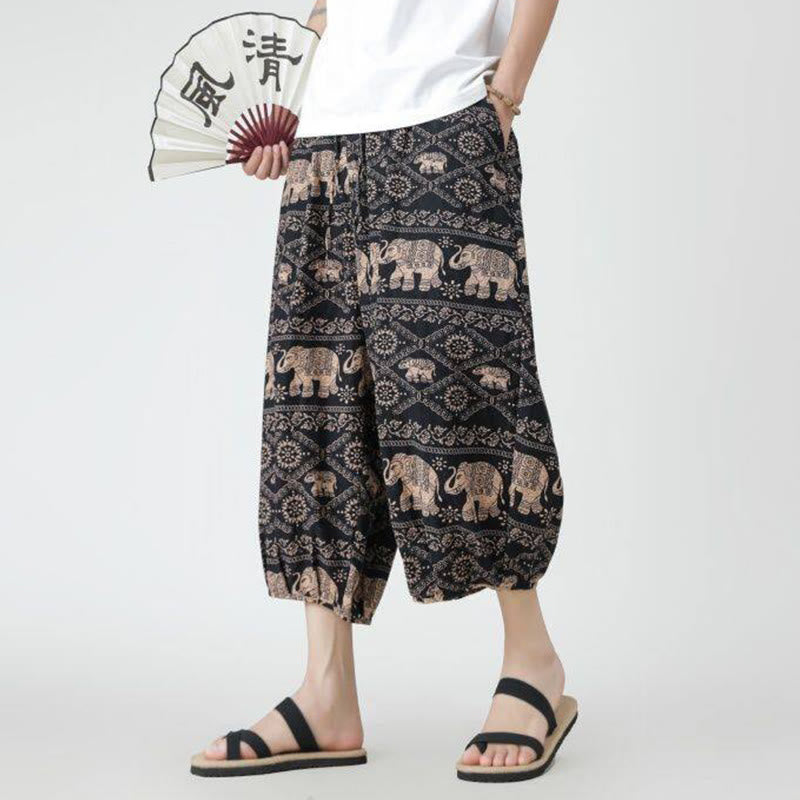Nimara Ritual Summer Square Patchwork Elephant Mandala Geometry Cotton Linen Men's 7-8 Length Pants With Pockets