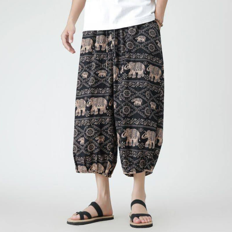 Nimara Ritual Summer Square Patchwork Elephant Mandala Geometry Cotton Linen Men's 7-8 Length Pants With Pockets