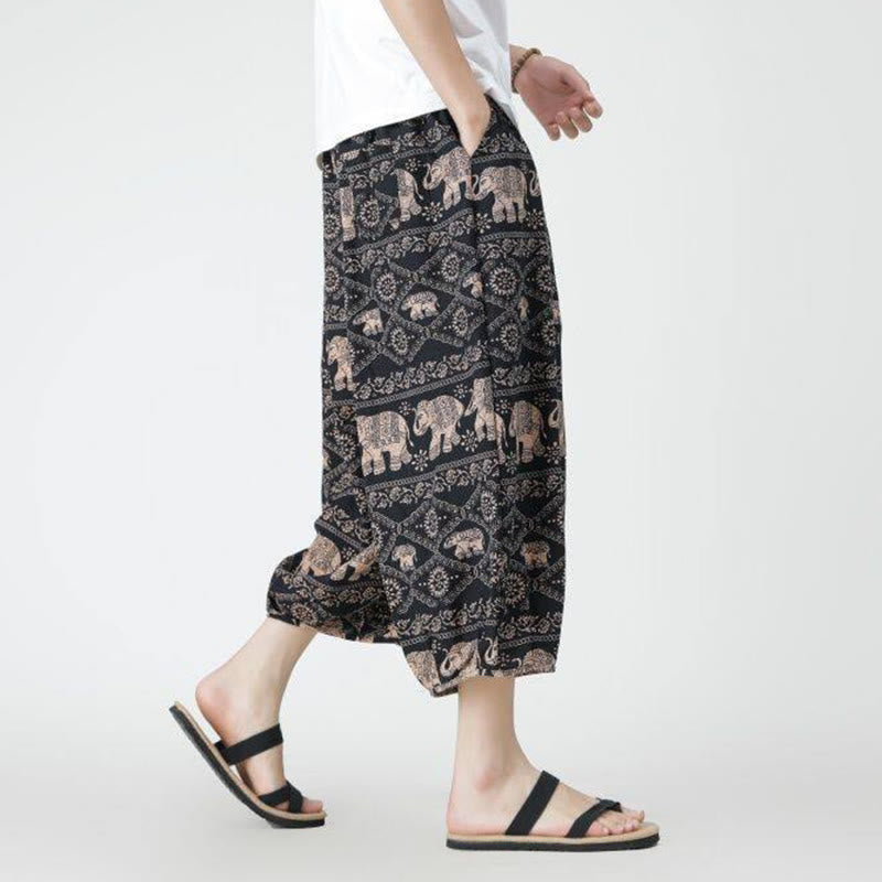 Nimara Ritual Summer Square Patchwork Elephant Mandala Geometry Cotton Linen Men's 7-8 Length Pants With Pockets